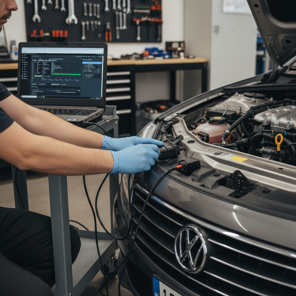Techniker führt ECU-Remapping über OBD-Schnittstelle durch